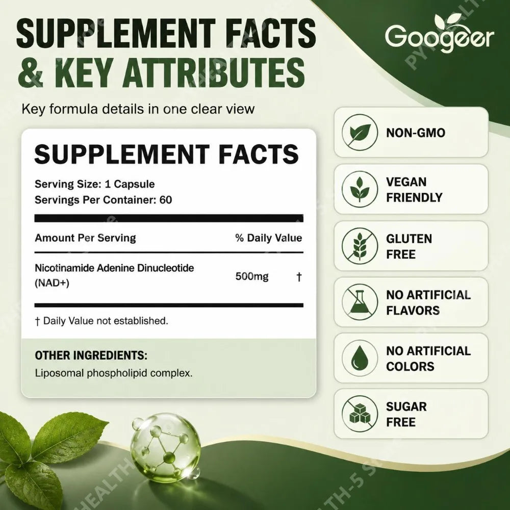 Googeer NAD+ 500mg Liposomal Capsules – 60ct Cellular Energy Dietary Supplement Qst