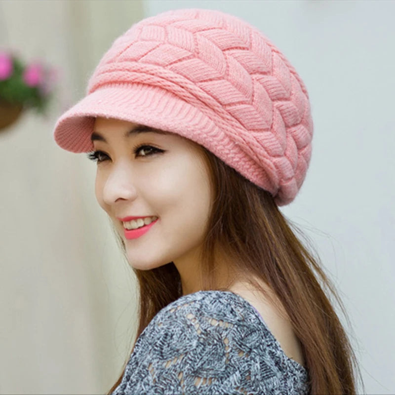 Women's Fleece-Lined Knitted Beret – Warm Winter Hat Knitted Beret Hat Qst