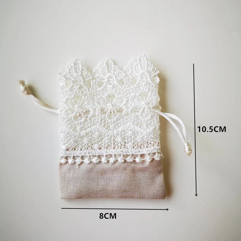 Lace Wedding Candy Bags Brocade Drawstring Embroidery 10pcs Wedding Favor Bags Qme Beige 10Pcs