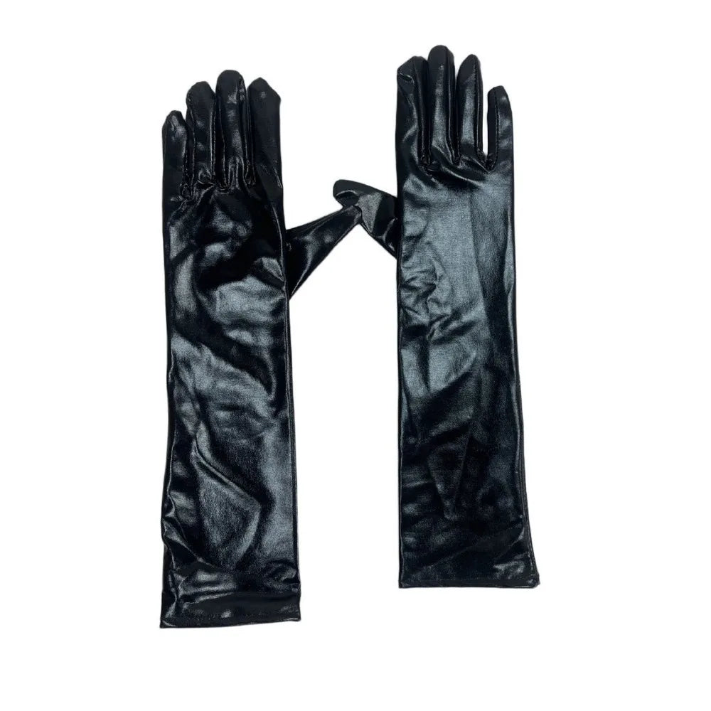 Women's Shiny Patent Leather Long Gloves – Sun Protection Long Fashion Gloves Qme Black