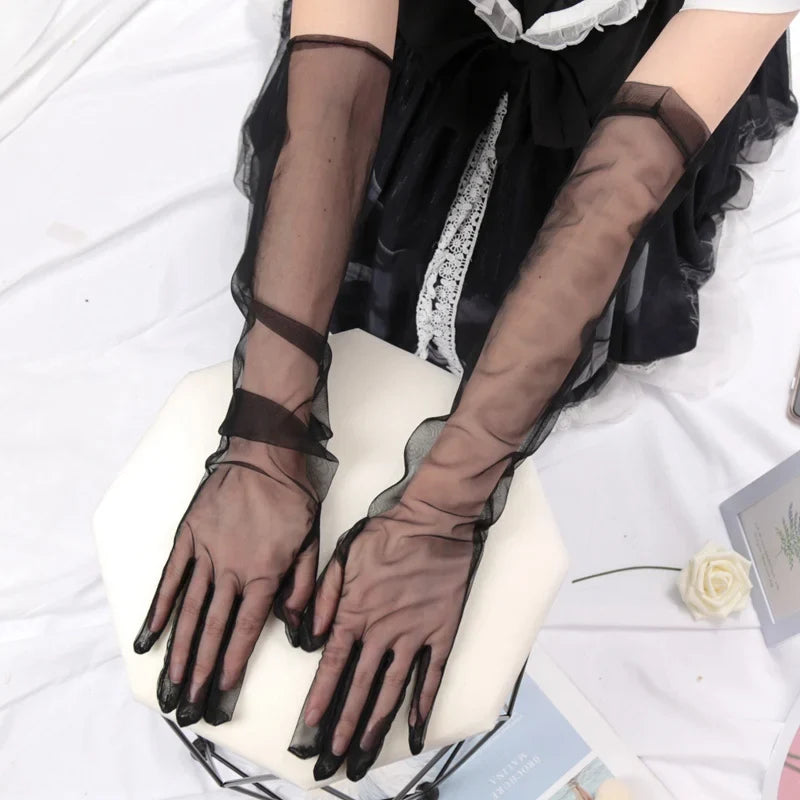 Women's Sheer Lace Mesh Gloves – Ultra Thin Elastic, 55cm Lace Mesh Gloves Qme