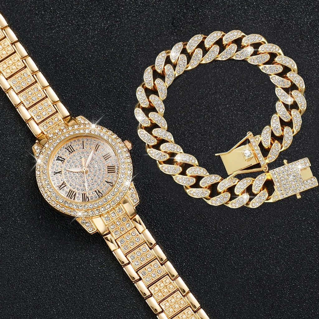 Women's Gold Rhinestone Watch Set – 2 Pcs Diamond Style Women's Watch Set Qme