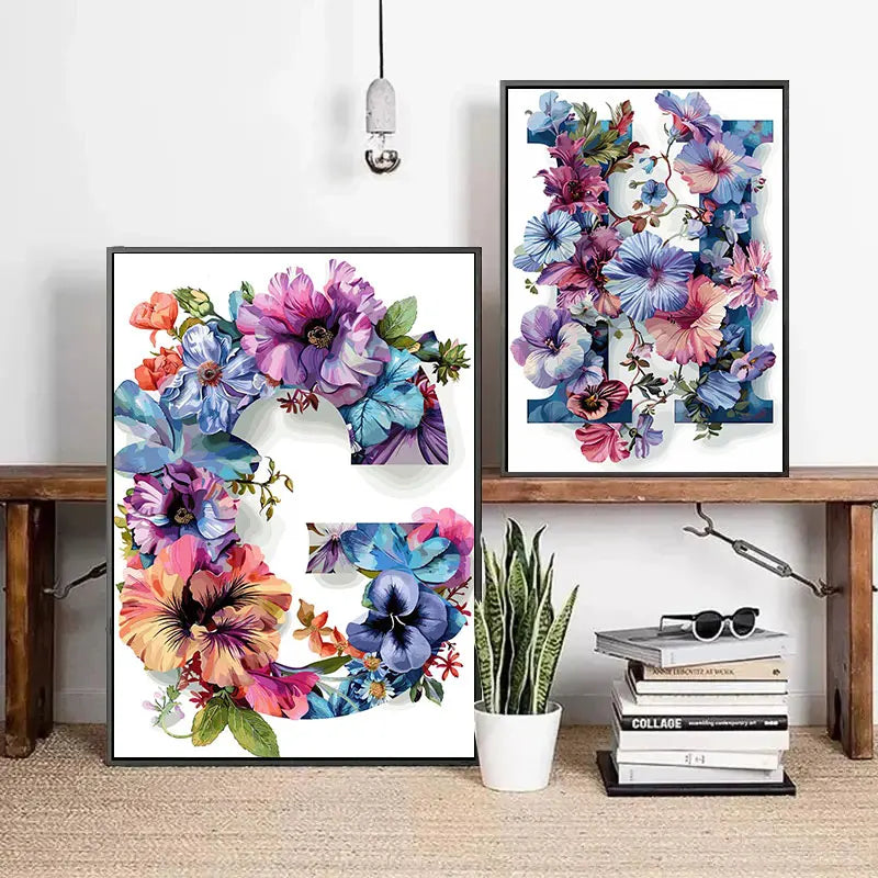 Flower Alphabet Wreath Canvas Wall Art – Modern Aesthetic Poster Canvas Wall Art Qst