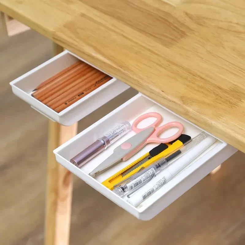 Self-Adhesive Under-Desk Drawer Storage Box – Pencil & Makeup Tray Under-Desk Drawer Organizer Qme
