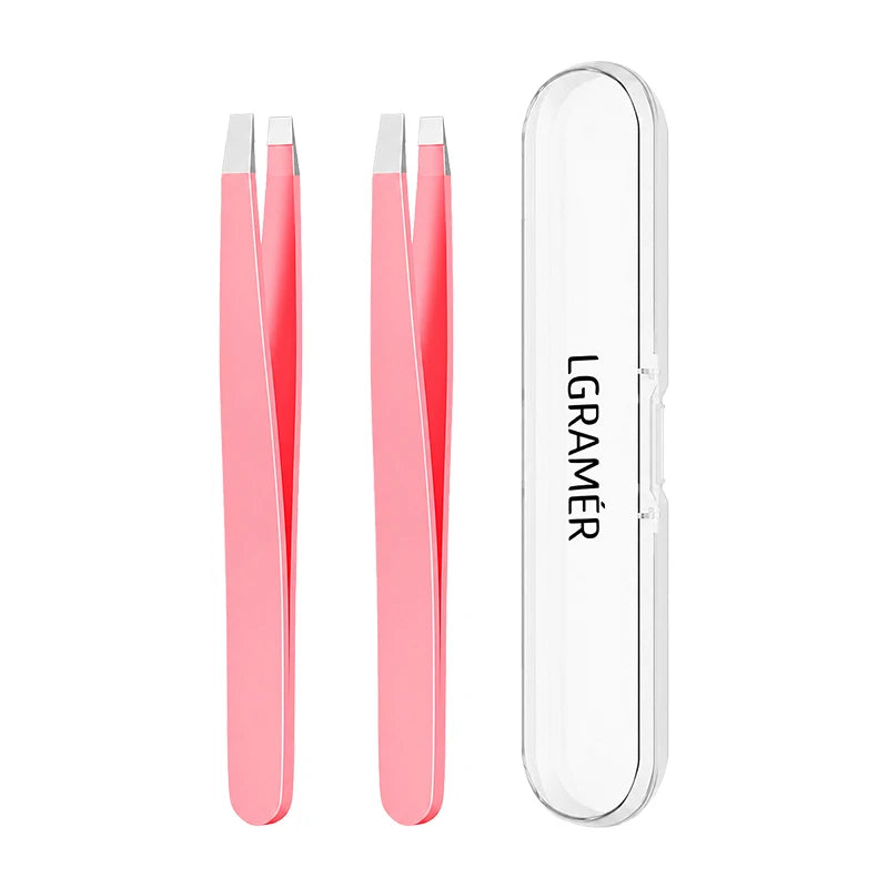 Precision Slant Eyebrow Tweezers with Travel Case – Stainless Steel Eyebrow Tweezers Qst pink-2pcs