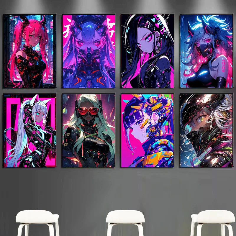 Cyberpunk Anime Girl Canvas Poster | Modern Wall Art Decor Canvas Wall Art Qst