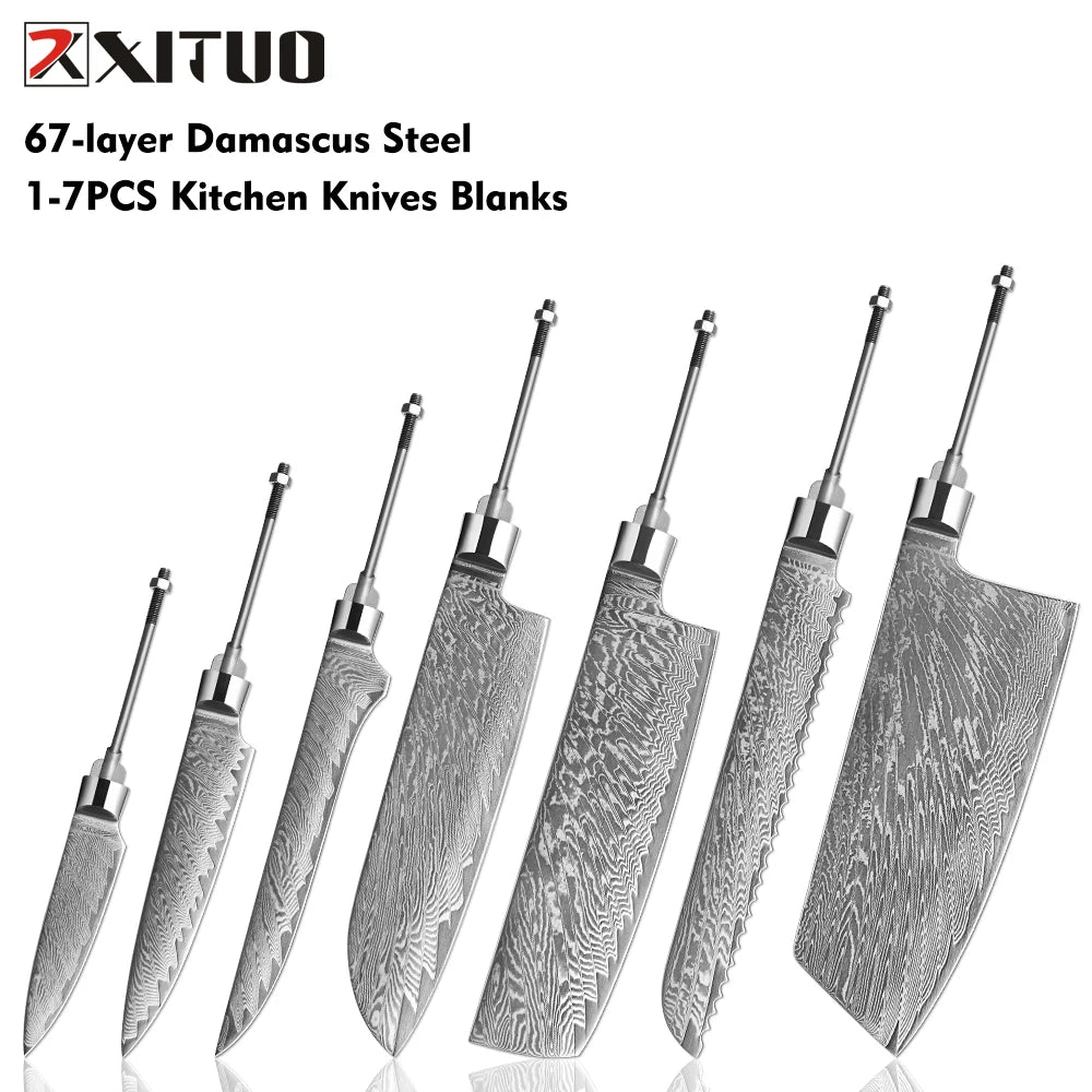 XITUO 67-Layer Damascus Steel Blank Blade Kitchen Knife Set 1-7 PCS Damascus Knife Blank Qst 7PCS Knife