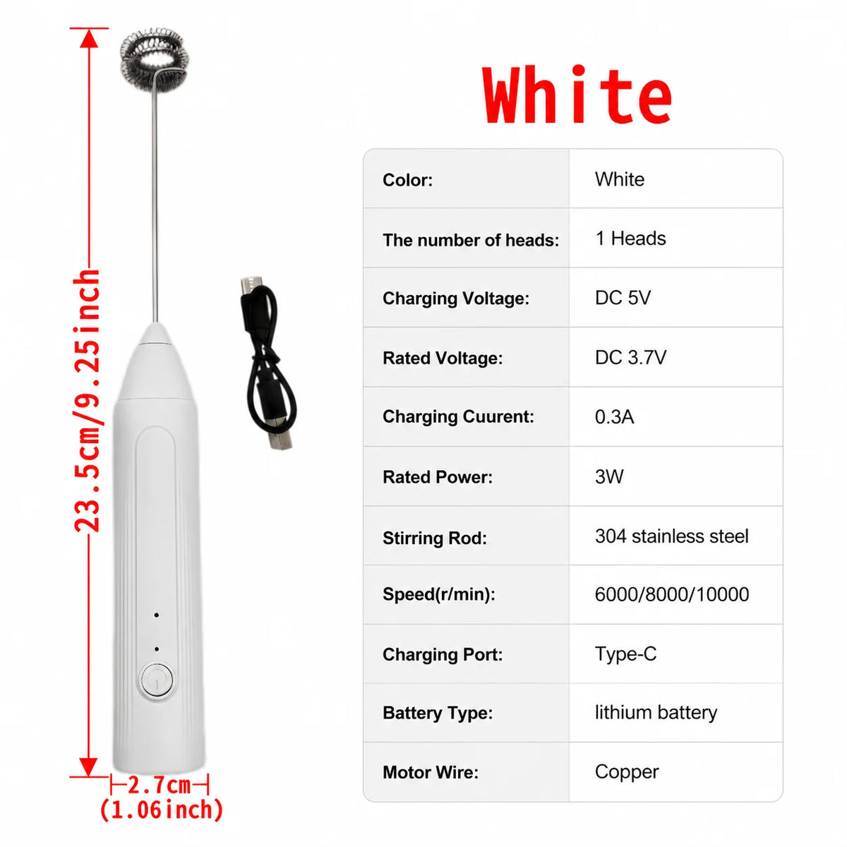 ZARTSEN Handheld Electric Milk Frother – Rechargeable Whisk Handheld Milk Frother Qst D02 White