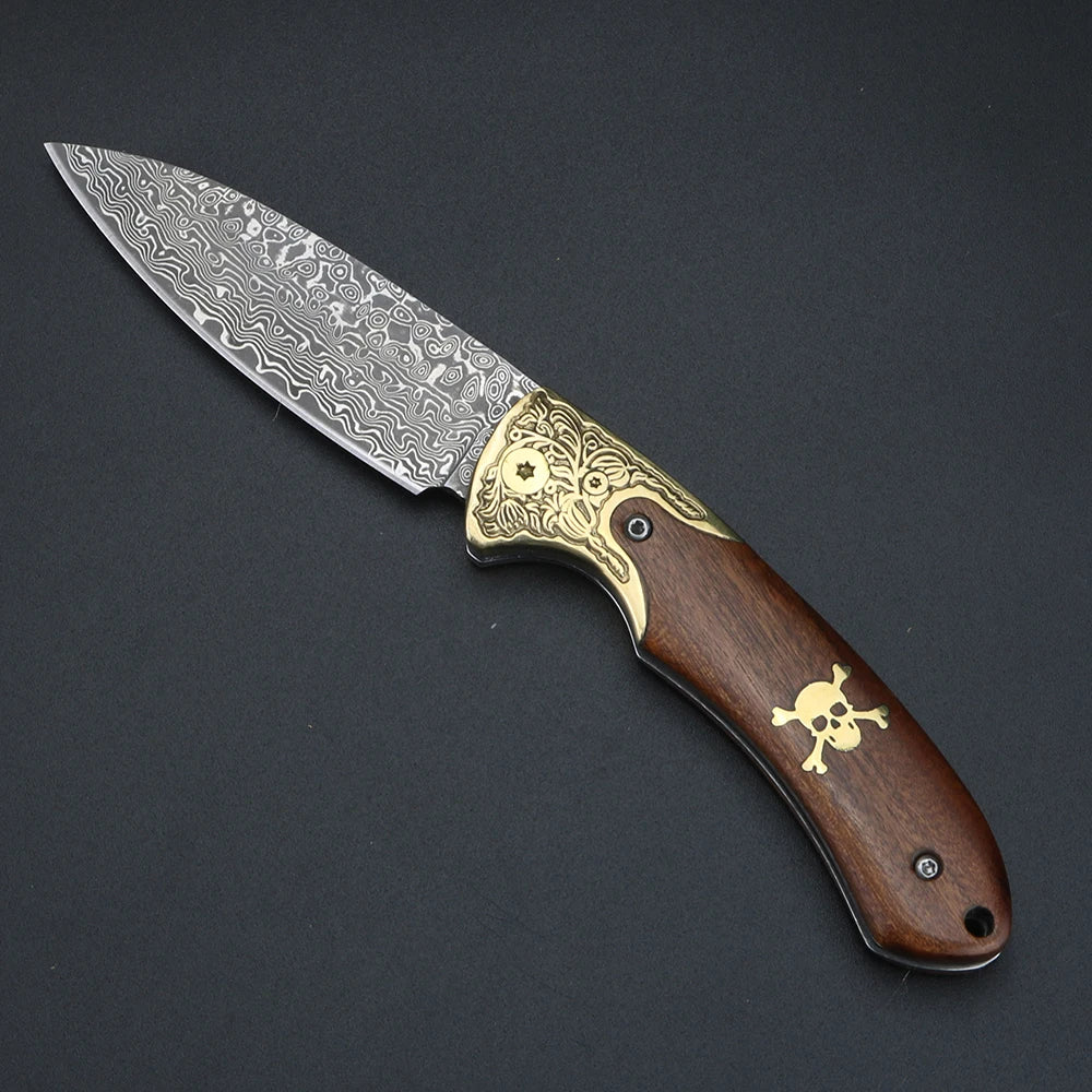 XUANFENG Damascus Steel Brass Skeleton Folding Pocket Knife Folding Pocket Knife Qst
