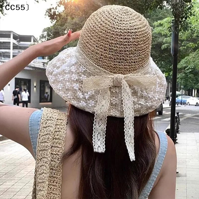 Women's Lace Trim Straw Beach Bucket Hat – Sun Hat Straw Bucket Hat Qst