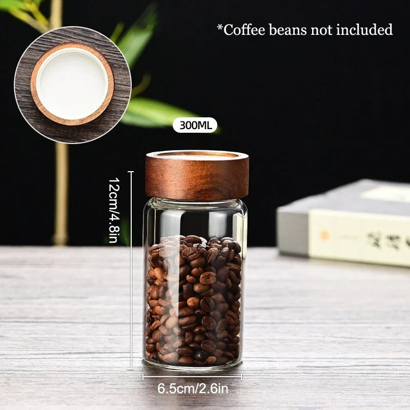 Glass Coffee Bean Storage Tube with Wooden Lid | 100–300ML Glass Storage Canister Qme 300ML