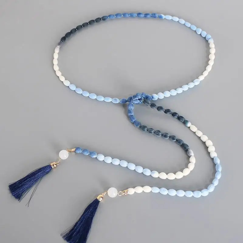 Women's Braided Rope Waist Belt Long Tassel Boho Waistband Rope Waist Belt Qst Blue