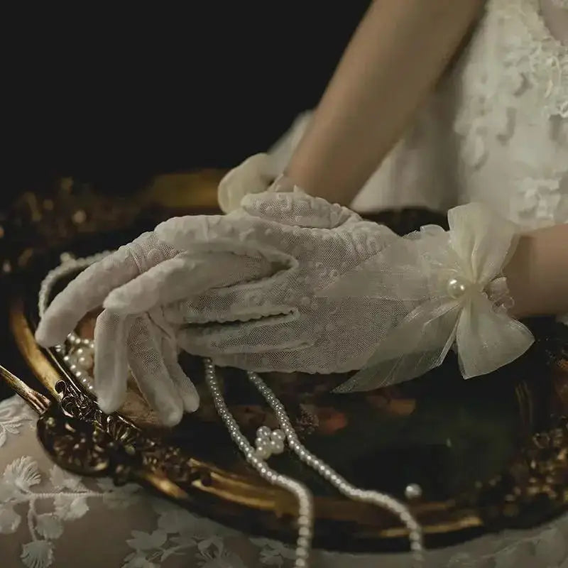 Women's Bridal Mesh Gloves – Beaded Bow Full Finger Wrist Bridal Mesh Gloves Qme