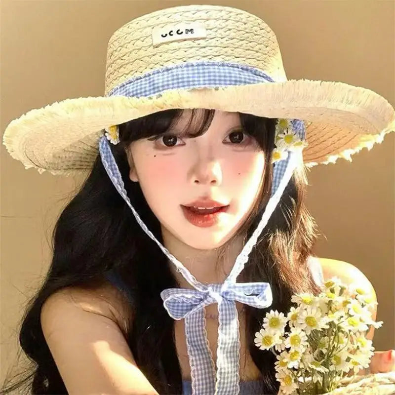 Women's Wide-Brim Straw Beach Hat – Floral Lace Bow Sun Hat Straw Sun Hat Qst A one size