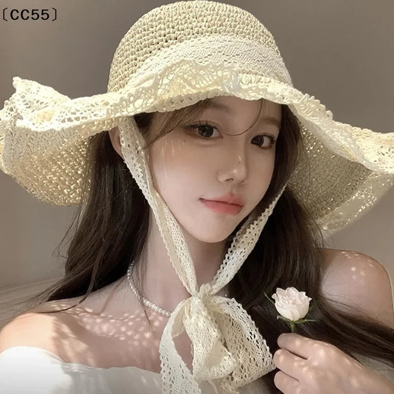 Women's Foldable Wide Brim Lace Straw Beach Sun Hat Wide Brim Sun Hat Qst