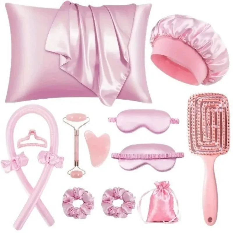 No Heat Curling Wand Set with Shower Cap & Eye Mask Heatless Curl Set Qme 13pcs pink