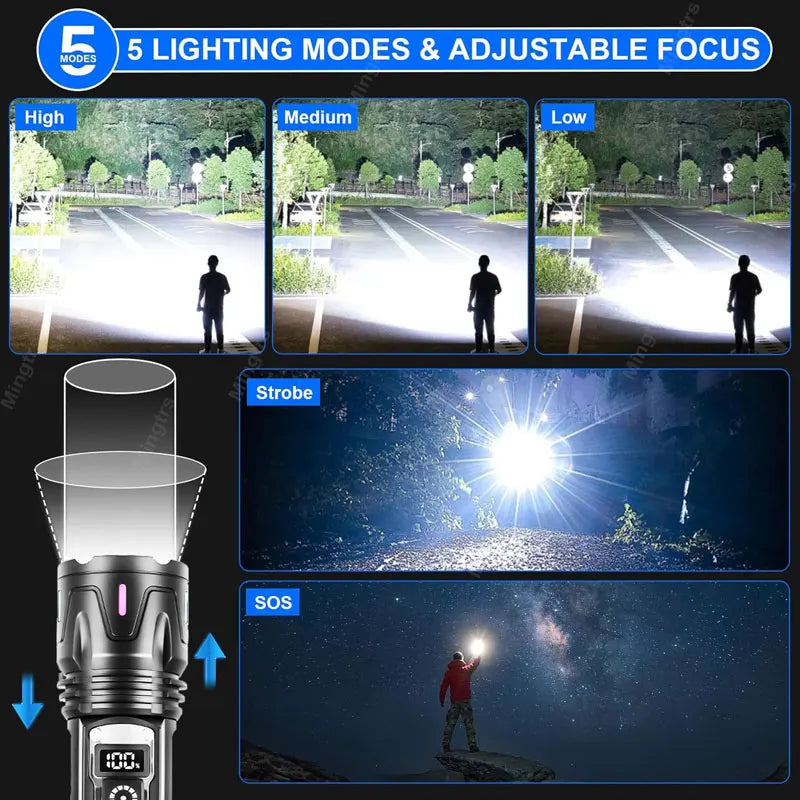 30W Rechargeable Tactical Flashlight – 5 Modes, Zoom, IP67 Tactical Flashlight Qst