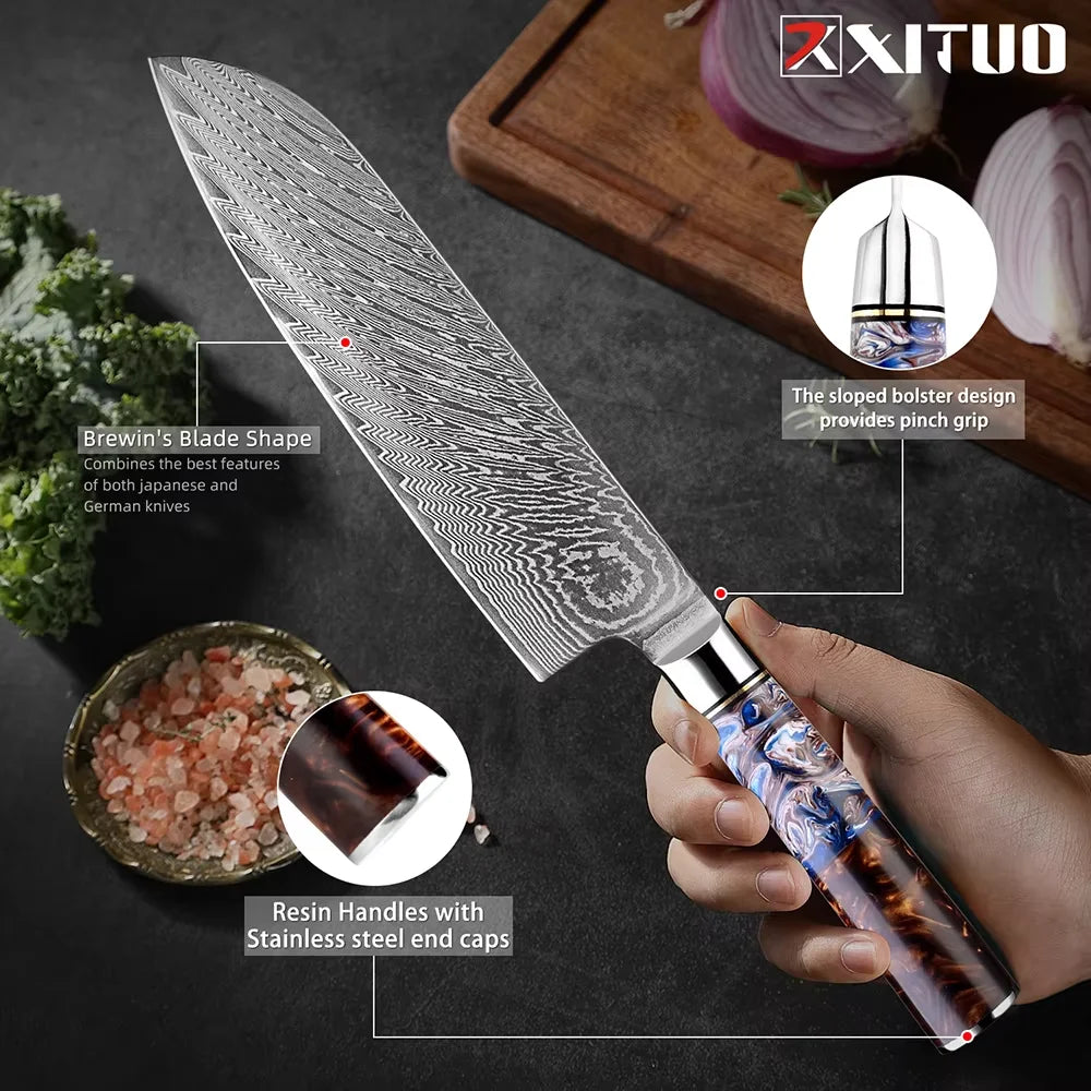 Damascus Steel Chef Knife Set – Sea Blue Resin Handle | Xituo Damascus Knife Set Qst