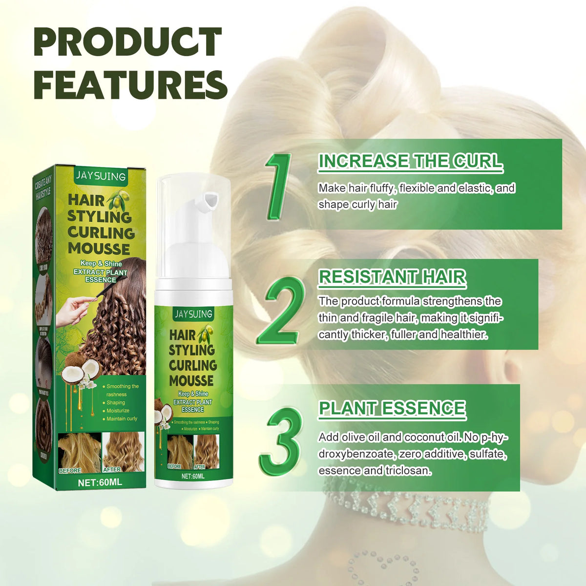 Jaysuing Curly Hair Mousse – Frizz Control, Lasting Hold Hair Styling Mousse Qst