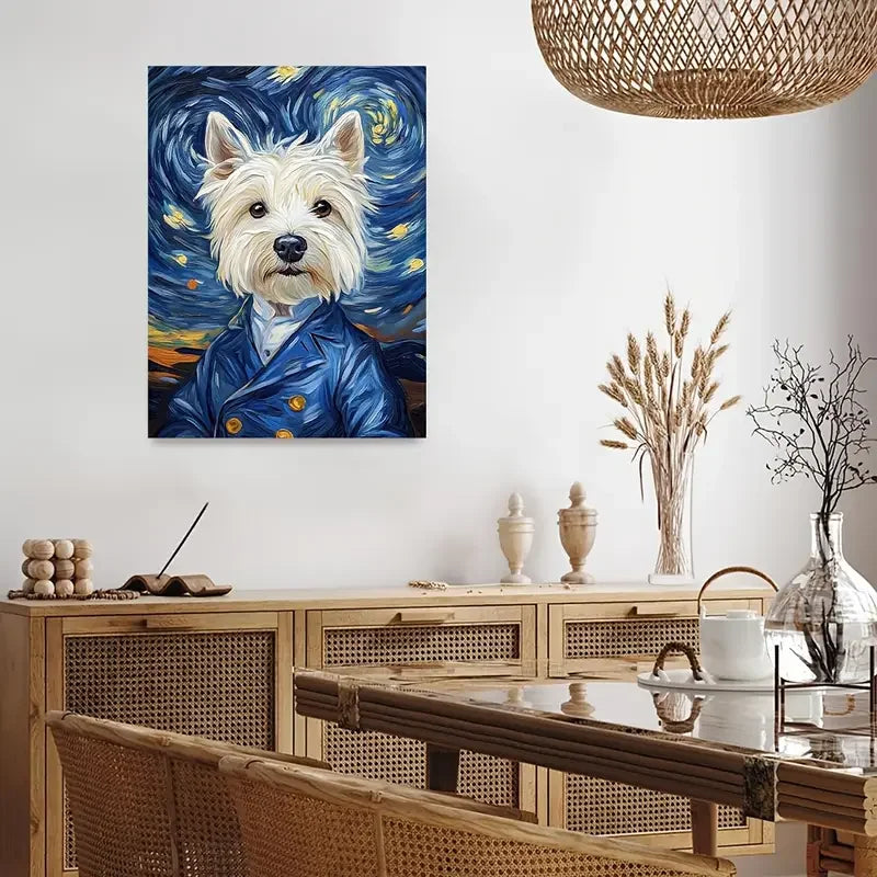 Van Gogh Westie Dog Canvas Art – Starry Night Style 11.8x15.7" Canvas Wall Art Qst