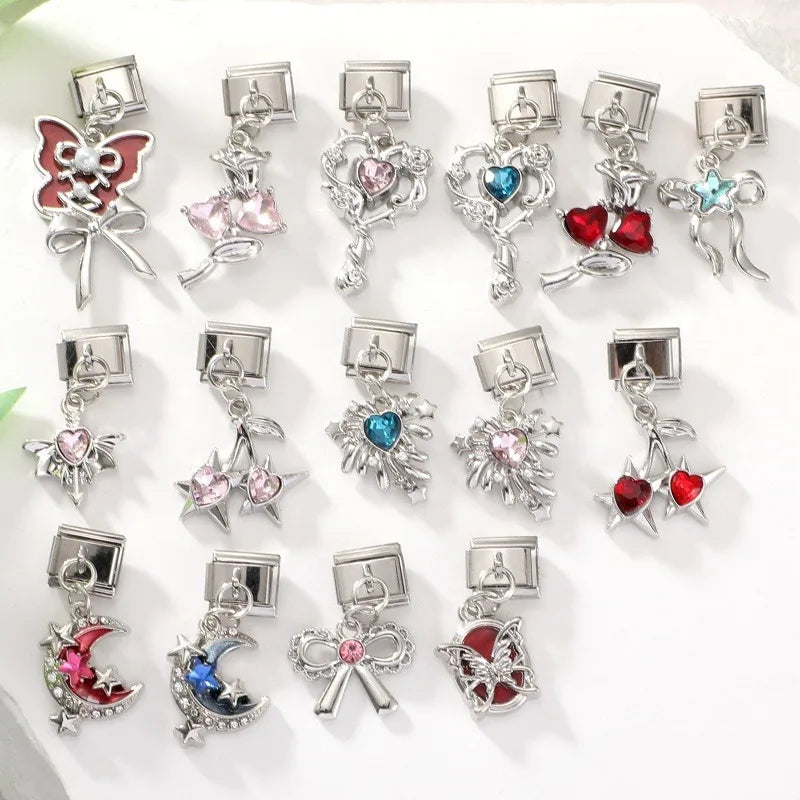 Shiny Zircon Red Cherry Bow Italian Charm – 41 Color Options Italian Charm Qme