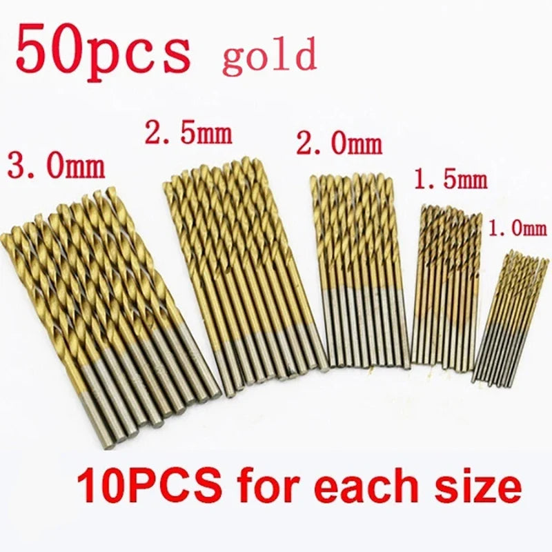 50-Piece Titanium Coated HSS Drill Bit Set – Wood & Metal HSS Drill Bit Set Qme 50pcs Gold