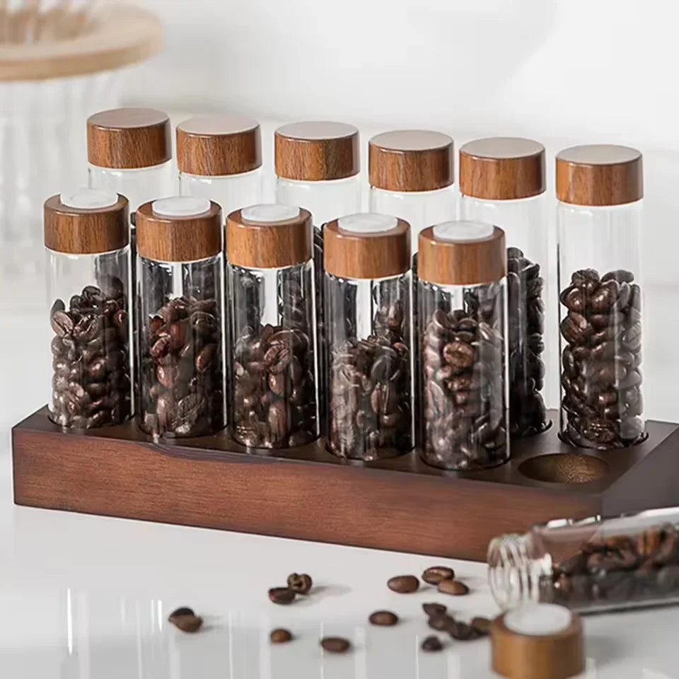 Glass Single Dose Coffee Bean Storage Tubes & Wood Display Rack Coffee Bean Storage Set Qst