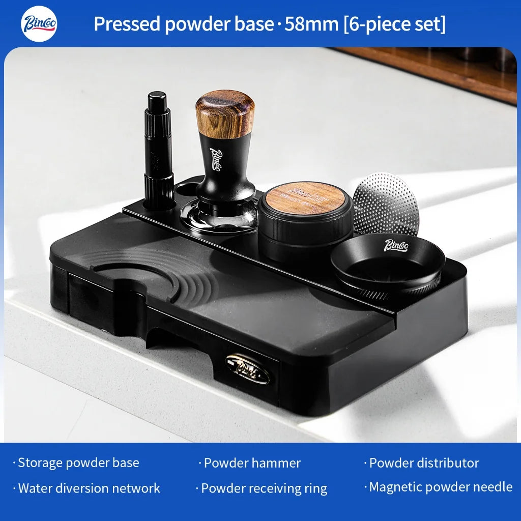 BINCOO Espresso Tamper, Distributor & Knock Box Set 51-58mm Espresso Barista Set Qst Black-6pcs-58MM