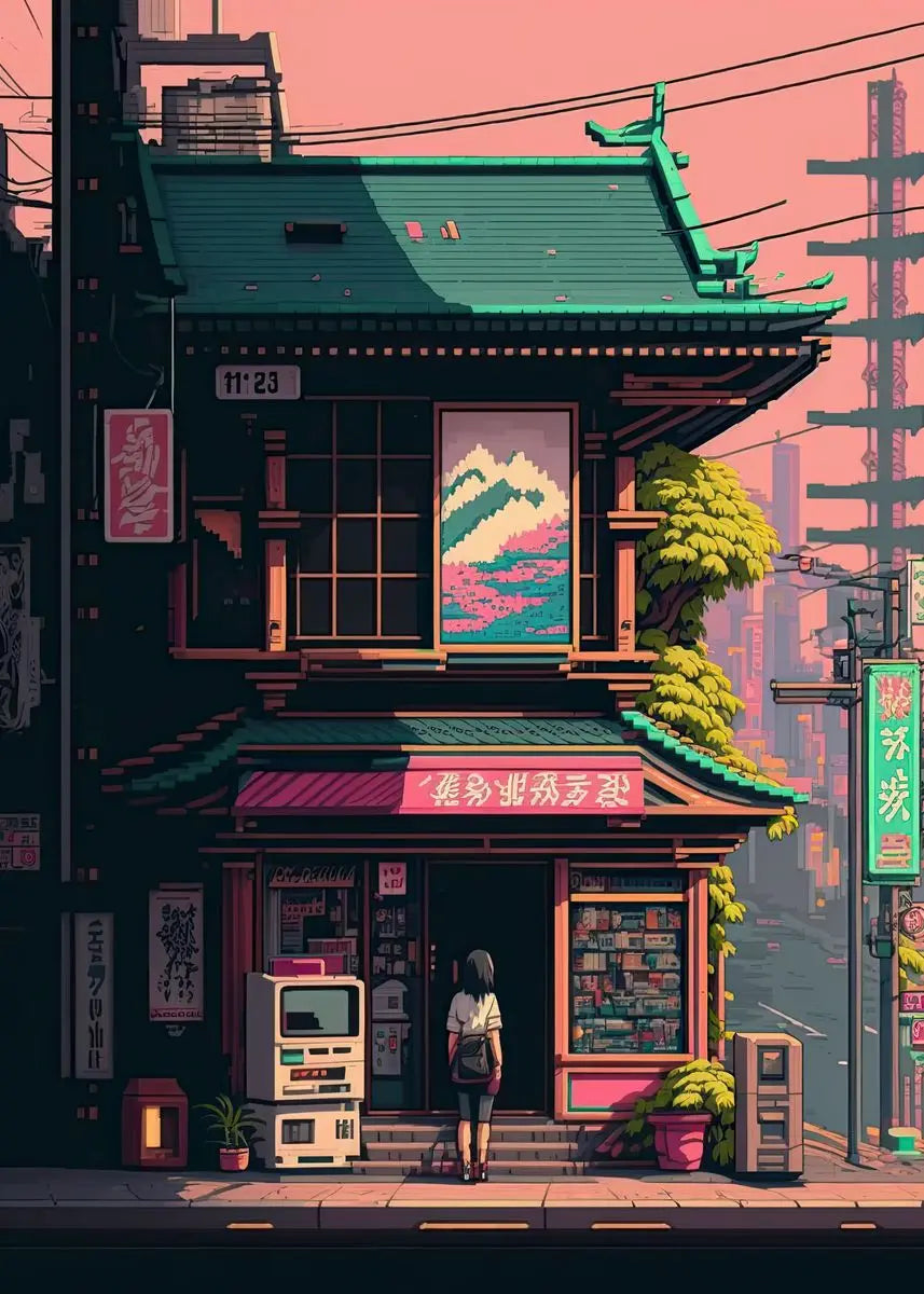 Japan Pixel Street Landscape Canvas Wall Art Print | Home Decor Canvas Wall Art Qst F 50X70cm No Framed