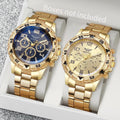 Men's Chronograph-Style Steel Band Casual Watch Men's Casual Watch Qme 2pcs gold color