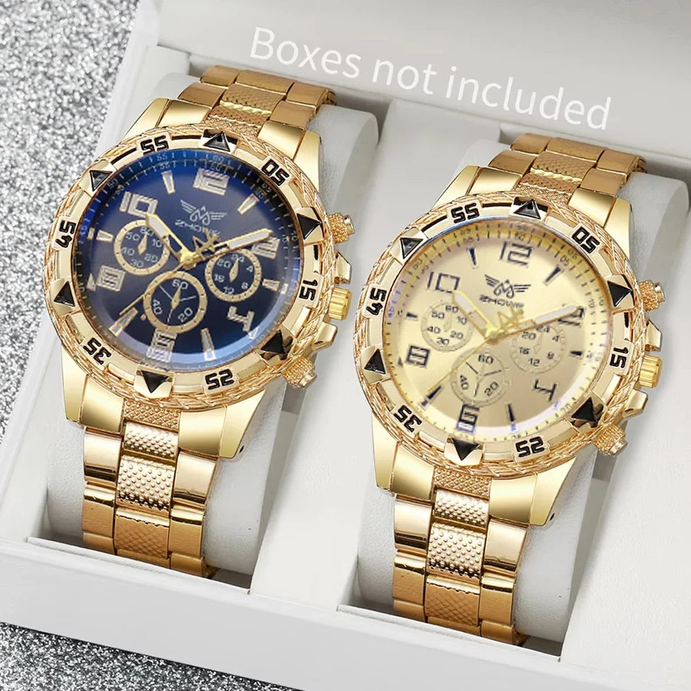 Men's Chronograph-Style Steel Band Casual Watch Men's Casual Watch Qme 2pcs gold color