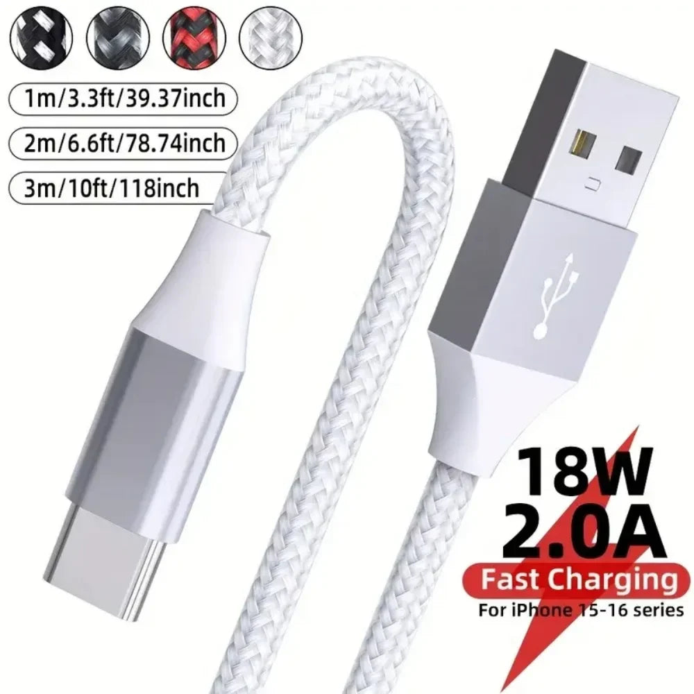 USB-A to USB-C Nylon Braided Cable 18W Fast Charging 480Mbps USB-C Charging Cable Qme 1PC White 2m