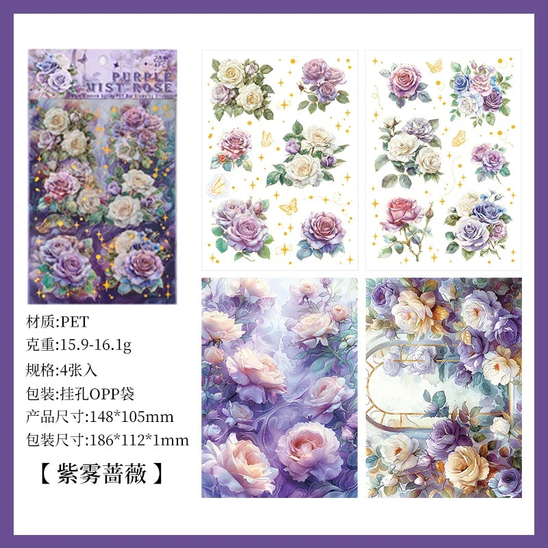 Large Aesthetic Flower PET Stickers – DIY Scrapbooking 4-Pack Decorative Stickers Qme F
