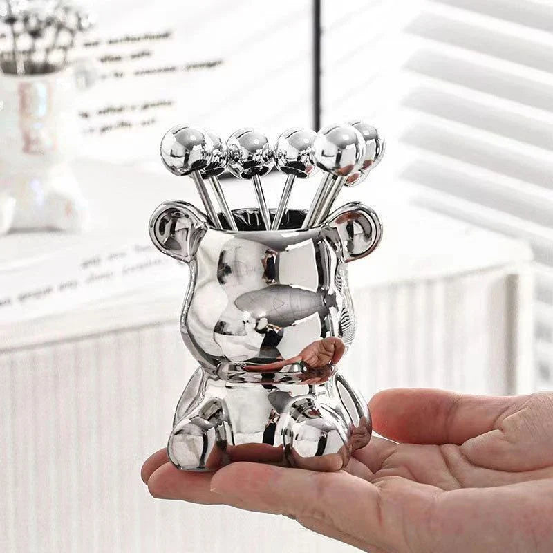 Cute Bear Stainless Steel Dessert Forks with Ceramic Storage Jar Dessert Fork Set Qme