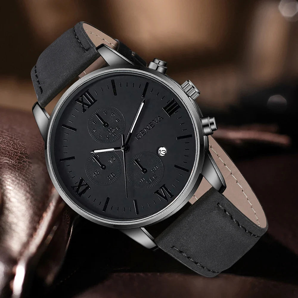 Men's Black Quartz Watch, Bracelet & Necklace Set | Qme Men's Watch Set Qme