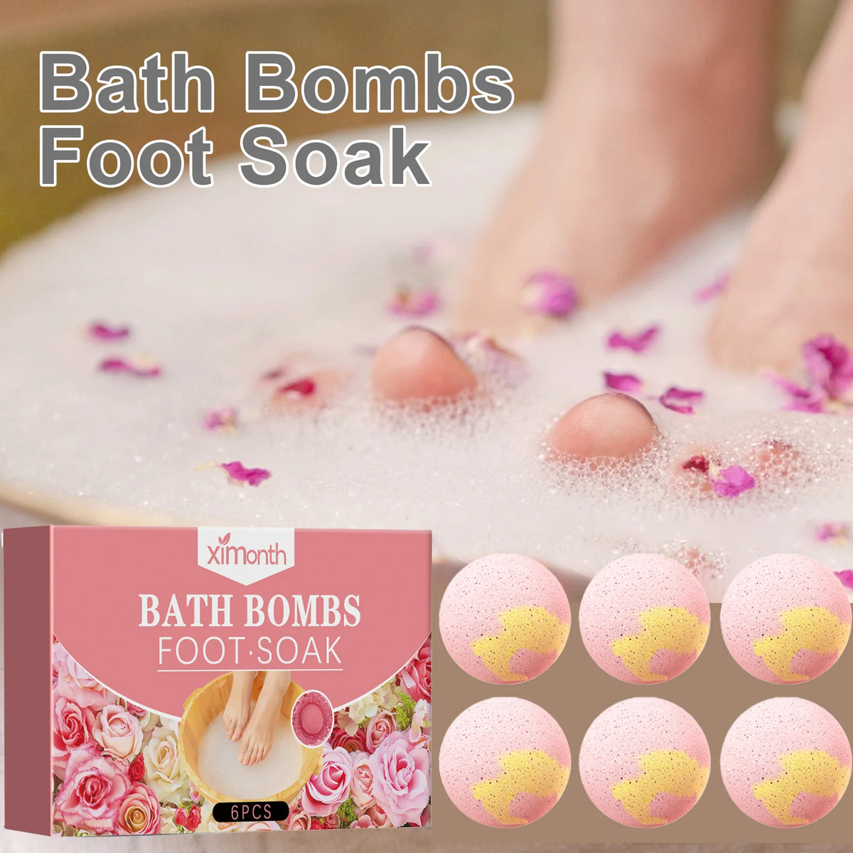 Rose Fizzy Foot Soak Balls – Exfoliating Moisturizing Spa Set 6pc Foot Soak Bath Balls Qst