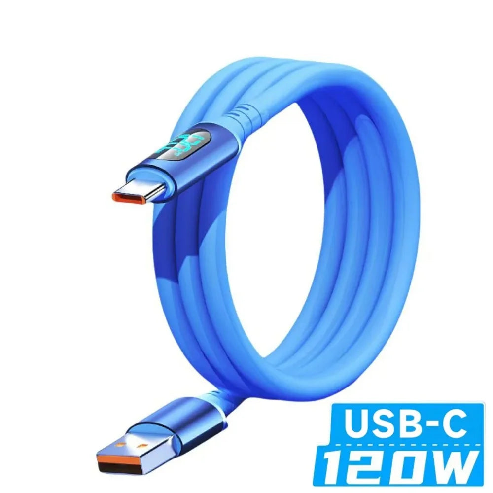 USB-C 120W Fast Charging Cable with LED Digital Display USB-C Charging Cable Qme blue USB to C 2m