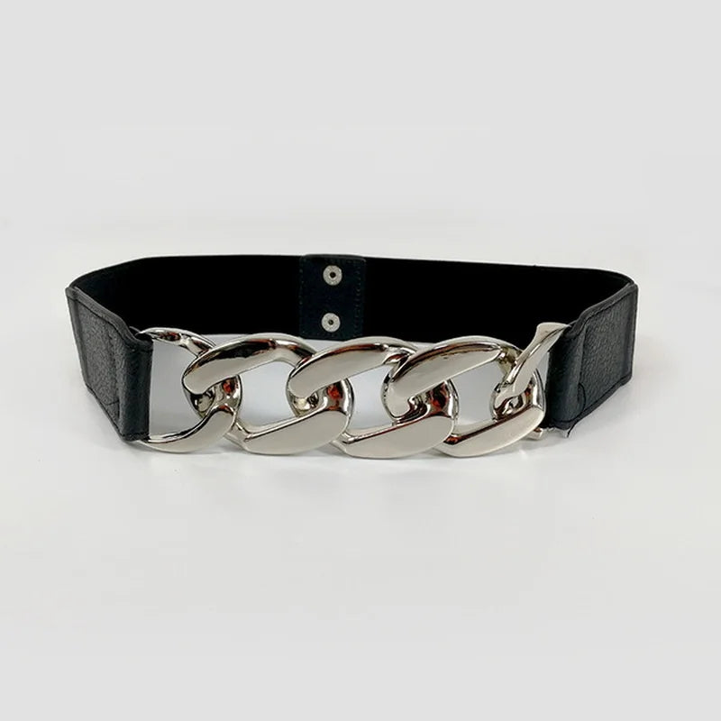 Women's Elastic Wide PU Leather Chain Buckle Rivet Belt Wide Fashion Belt Qme one size Silver