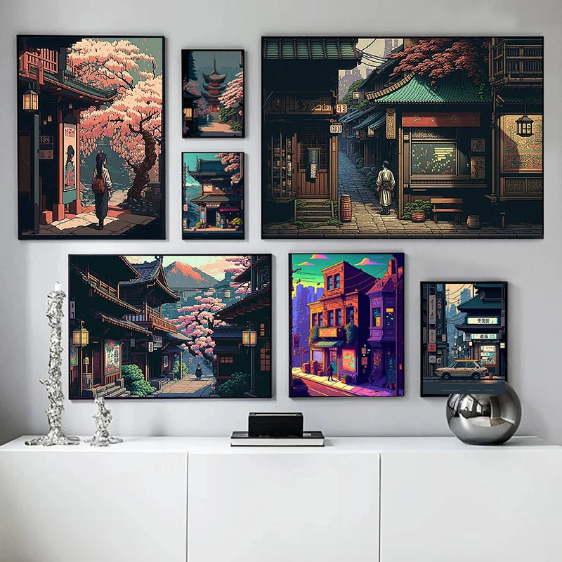 Japan Pixel Street Landscape Canvas Wall Art Print | Home Decor Canvas Wall Art Qst