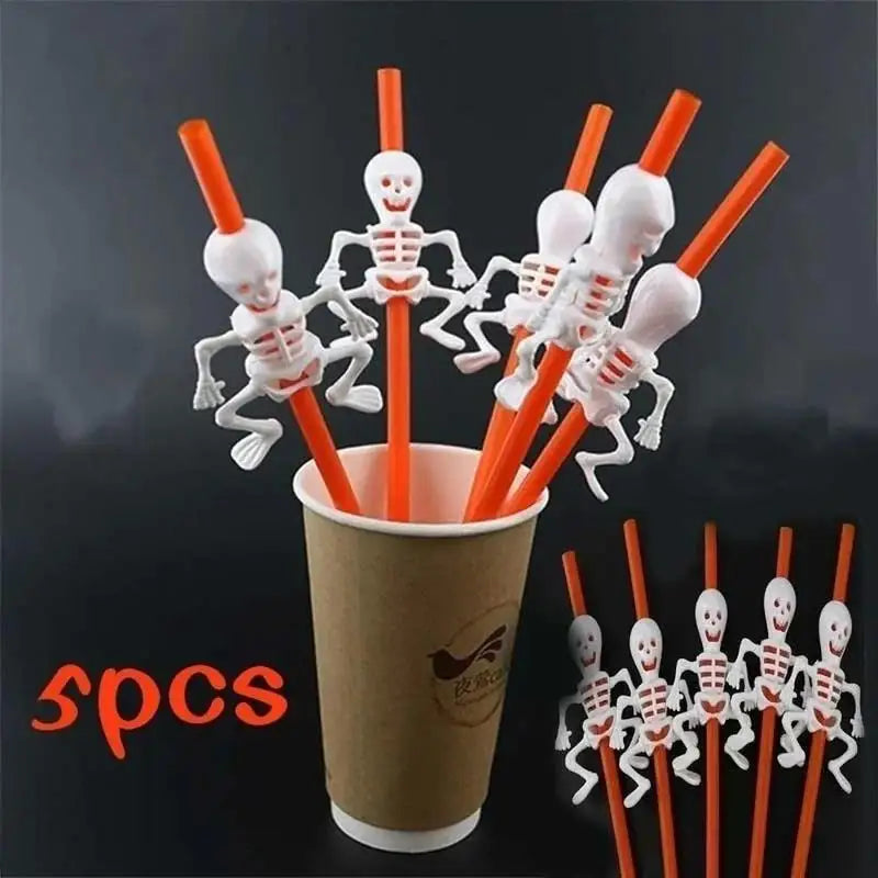 Halloween Skull & Pumpkin Cartoon Drinking Straws – 5 Pack Halloween Party Straws Qme
