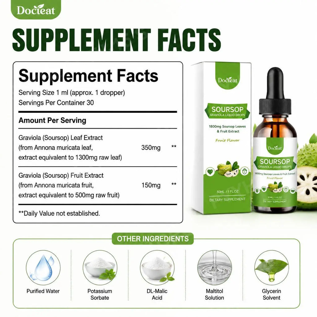 DOCTEAT Soursop Graviola Liquid Drops 500mg – Daily Vitality 30mL Herbal Liquid Supplement Qst