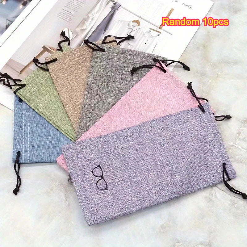 Drawstring Eyeglass Bag – Soft Linen Cloth Eyewear Pouch Eyeglass Pouch Qme Random 10pcs