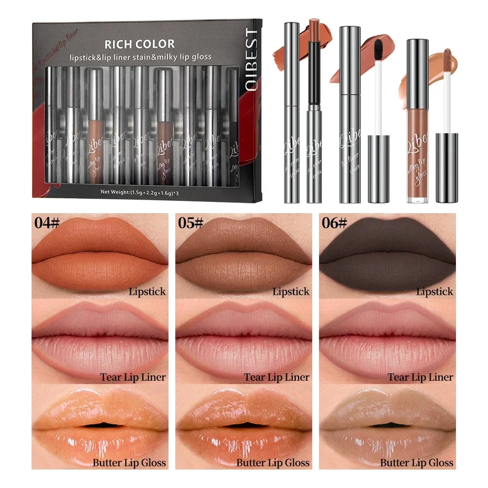 Qibest 9-Piece Matte Lip Kit – Nude Velvet Lipstick & Glaze Lip Makeup Kit Qme SET B