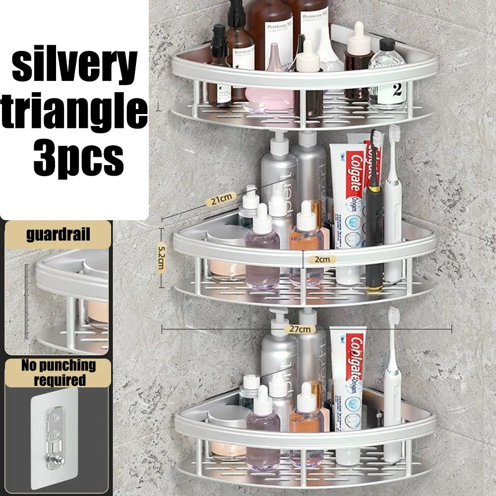 Wall Hanging Corner Rack Bathroom Shelf & Towel Organizer Bathroom Corner Shelf Qme Silver-A-3PCS