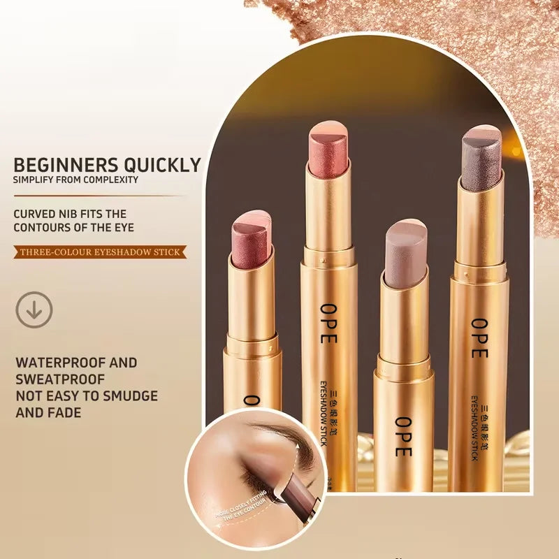 OPE Tri-Color Eyeshadow Stick | Shimmer Gradient Waterproof Eyeshadow Stick Qme