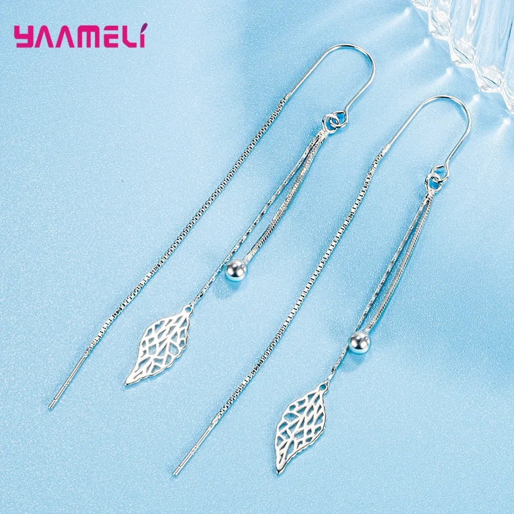 925 Sterling Silver Leaf Tassel Long Drop Earrings – 85mm Drop Earrings Qme