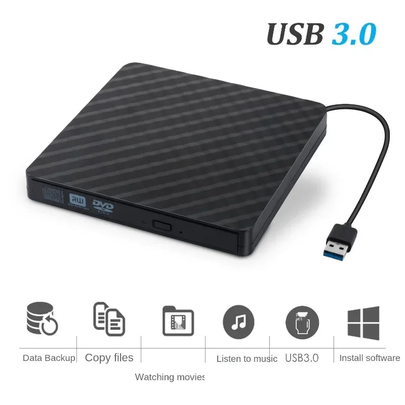 Portable USB 3.0 External DVD Burner CD RW Drive – Black/White External Optical Drive Qme