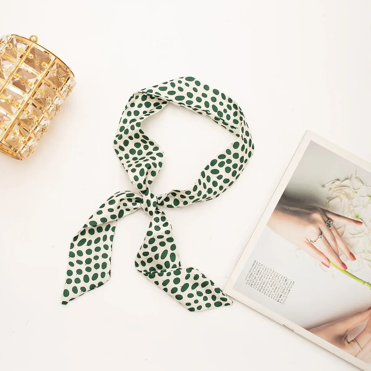 Women's Skinny Ribbon Scarf – Printed Polyester Hair Tie & Headscarf Ribbon Hair Scarf Qme Beige