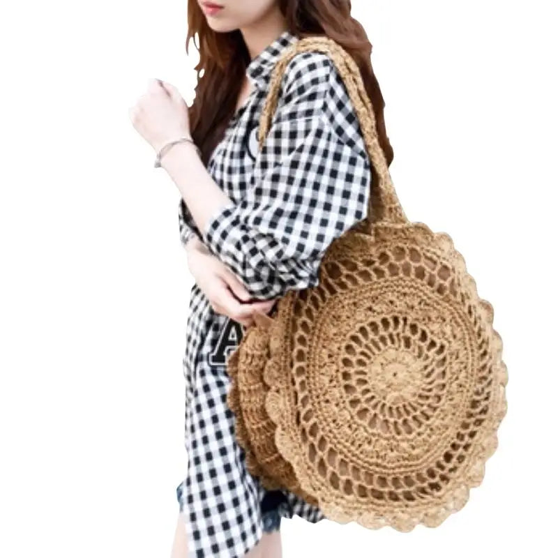 Round Woven Straw Tote Bag – Handmade Women's Beach Bag Woven Tote Bag Qst