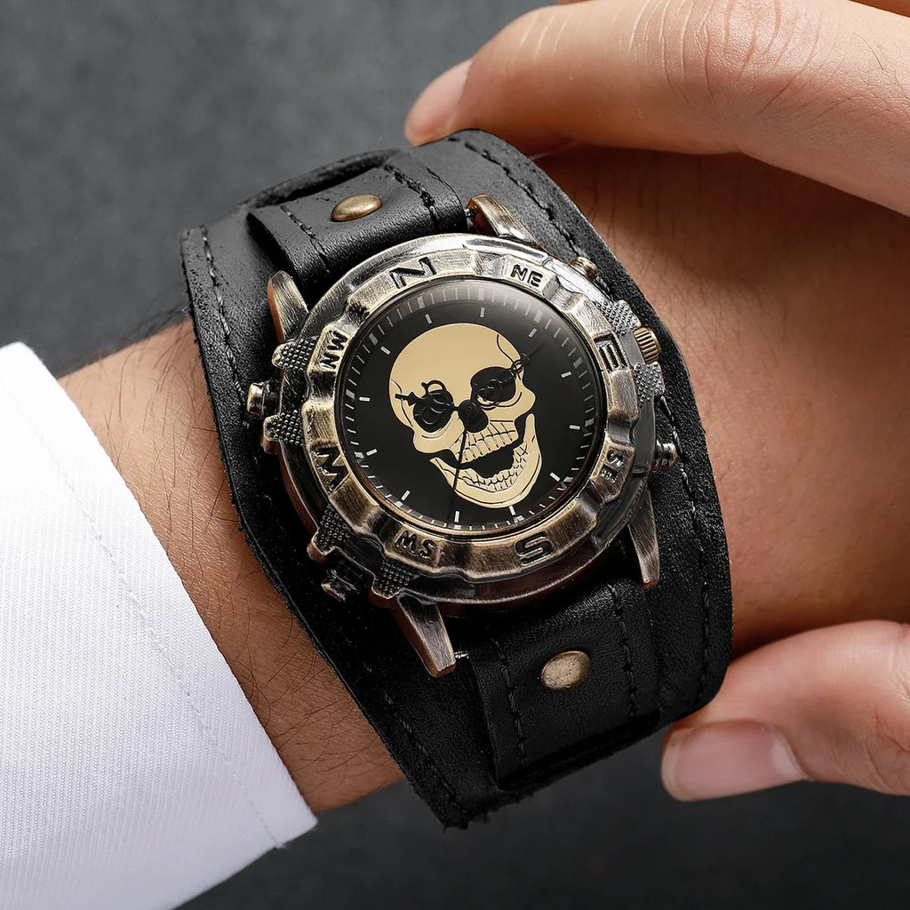 Vintage Skull Men's Watch – Brown Leather Strap Compass Bezel Men's Quartz Watch Qme